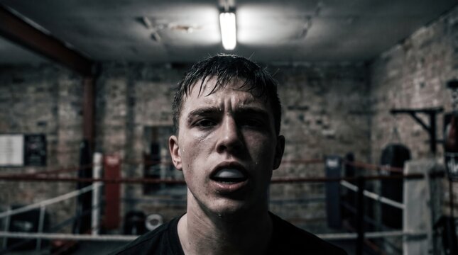 Intense portrait of a sweaty male boxer wearing a mouthguard in a gritty gym, capturing raw exhaustion and fierce determination for sports marketing and motivational fitness editorial.