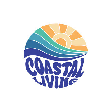 Coastal Living Vector Design. Sunshine Paradise Abstract Wave Good Vibes. Print Design Isolated on White Background