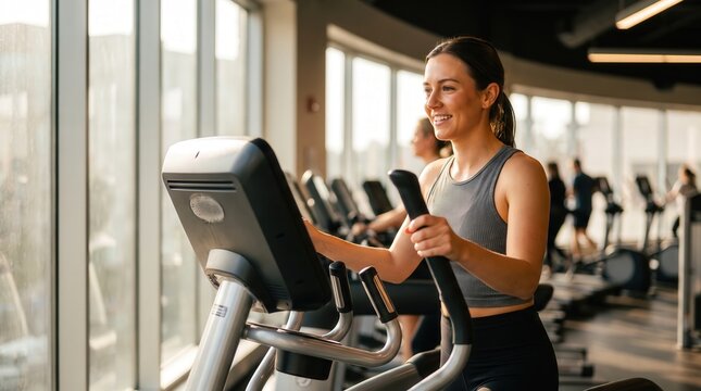 Young woman smiling while exercising on elliptical trainer machine in modern gym, promoting healthy lifestyle and cardiovascular fitness for gym marketing and wellness blog content.