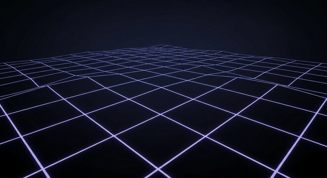 Futuristic digital matrix landscape featuring glowing cybernetic geometric grid lines stretching across the infinite dark horizon while creating immersive sci-fi spatial depth perception