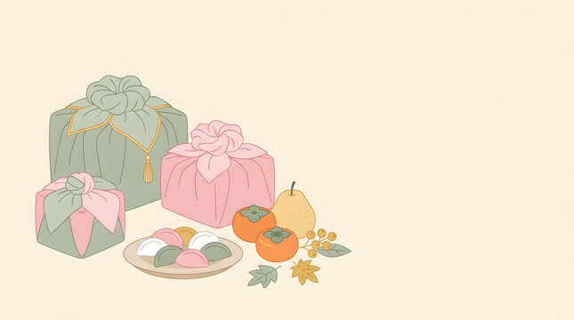 Chuseok Festival Banner Background with Korean Bojagi Gifts, Songpyeon Rice Cakes, and Persimmons