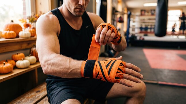 A muscular man wraps orange hand wraps around his fists in a gym decorated with pumpkins, preparing for a boxing or martial arts workout.