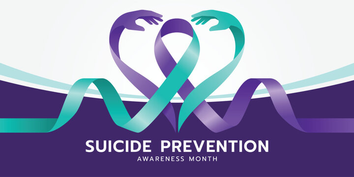Suicide prevention awareness month - Teal and purple hands roll to heart shape cross long line ribbon awareness vector design