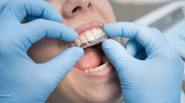 Dentist fitting a clear dental aligner or mouth guard for a patient in a clinic