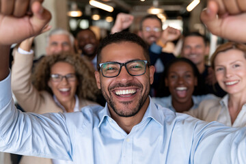 Fototapeta premium Happy team celebrates success with raised hands and smiles. Diverse group beams with joy and unity in professional setting. Bright lighting highlights energetic mood and collaborative spirit