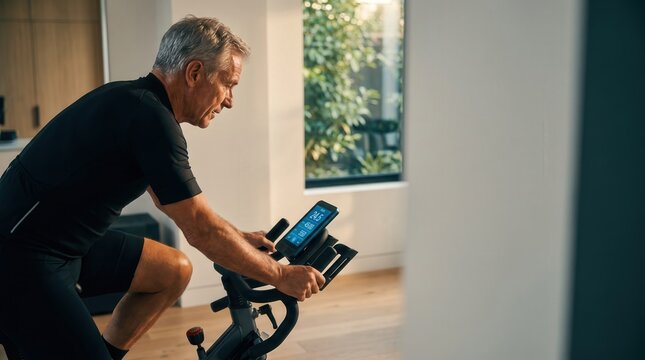 Senior man training on indoor cycling bike in home gym, capturing active aging and digital health monitoring for senior wellness and fitness technology marketing campaigns.