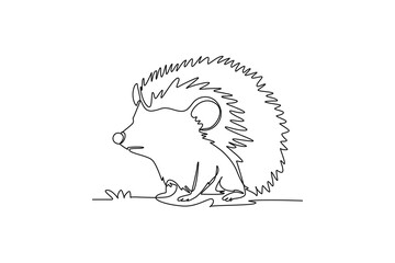 Single one line drawing cute hedgehog sitting on the ground with detailed quills, symbolizing wild fauna, nature conservation, exotic small pet. Continuous line draw design graphic vector illustration © onetime