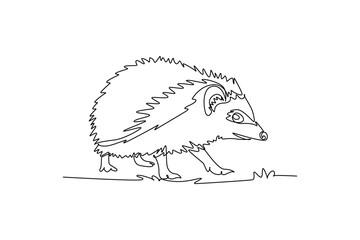 Single one line drawing charming pet hedgehog walking steadily forward with sharp quill and alert snout. Wildlife nature and exotic small fauna. Continuous line draw design graphic vector illustration © onetime