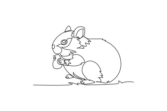 Single continuous line drawing adorable pet hamster nibbling food held in its tiny paws, capturing playful rodent behavior, charming domestic pet care. One line draw graphic design vector illustration