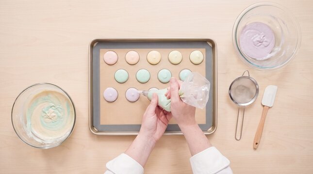 Hands piping colorful macaron batter onto a baking sheet for professional pastry making