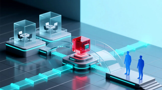 3D isometric illustration showcasing enterprise workforce automation connecting modern office pods via futuristic glass bridge network from elevated viewpoint