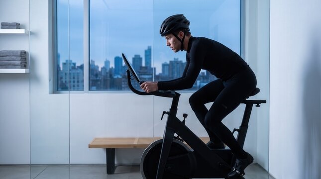 Focused man in cycling gear riding a stationary bike during an intense indoor workout, featuring city skyline view for digital fitness technology and urban wellness marketing.