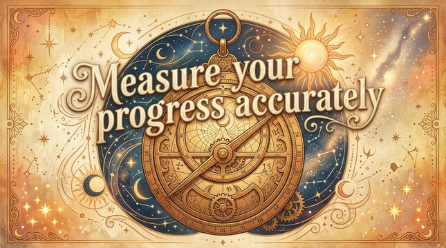 Ornate antique astrolabe and celestial map with text 'Measure your progress accurately', representing guidance, discovery, and cosmic journey