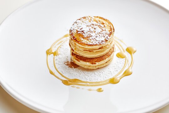 A stack of three thick mini pancakes dusted with powdered sugar and drizzled with caramel sauce artfully arranged on a minimalist white plate
