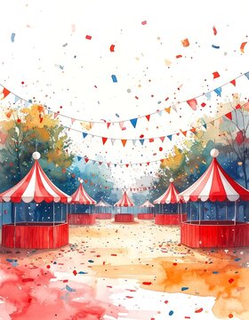 Watercolor illustration of a festive fairground with red and white striped tents.