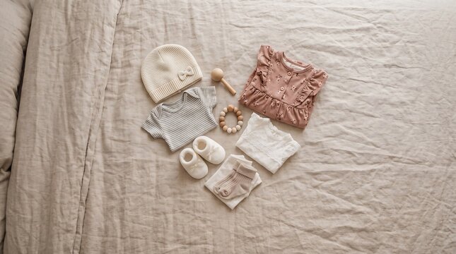 Flat lay arrangement of baby clothes and wooden toys on a textured linen background