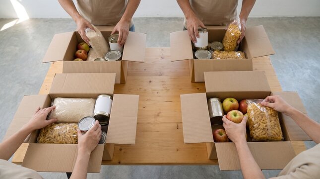 Volunteers packing food donation boxes for charity and community support programs