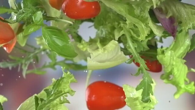 Fresh green salad with tomatoes and cucumbers flying in air in super slow motion