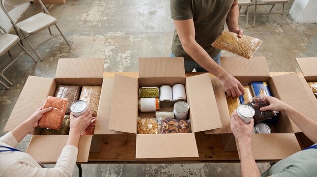 Volunteers packing food donation boxes for charity and community support programs.