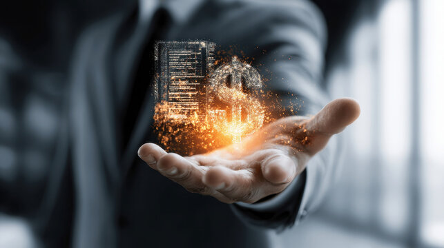 Businessman in elegant formal attire hand holding glowing USA dollar sign . investment and saving concept.