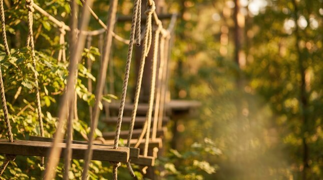 Rope bridge adventure course in sunlit forest with wooden steps and hanging cables. Active lifestyle and outdoor challenge theme with warm golden hour light for travel marketing and team building.