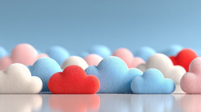 Fluffy clouds in pastel colors,  a row of soft clouds, light blue background,  soft focus