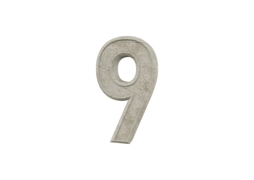 Textured concrete number nine isolated on a white background with grey digit stone number concrete texture industrial number architectural