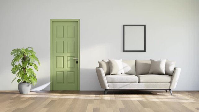 Modern minimalist interior design of living room with sage green door, sofa, frame, parquet, wall 3d animation rendering. bright