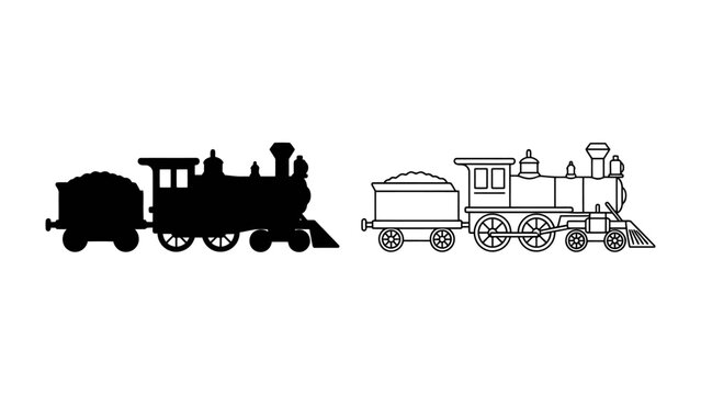 Vintage Train Silhouette and Outline: A classic steam locomotive with tender, depicted in both a solid black silhouette and a detailed outline drawing, ready for a journey through history.