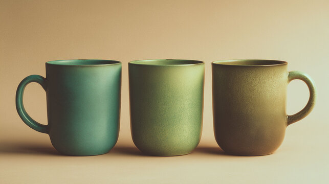 Minimalist ceramic mugs in sage and earthy green colors on a plain background