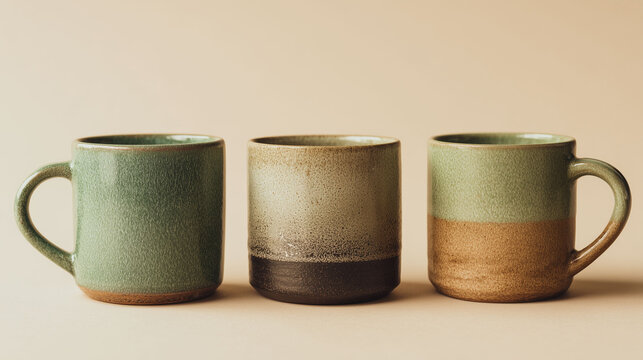 Three handcrafted pottery mugs with glazed textures on a beige background