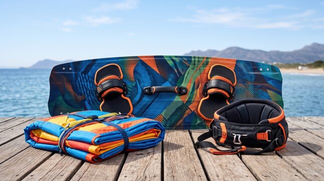 A colorful kiteboard, harness, and folded kite lie on a wooden deck by the sea with mountains and blue sky in the background.