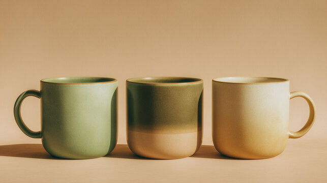 Set of ceramic coffee mugs in warm neutral gradient colors on a beige background