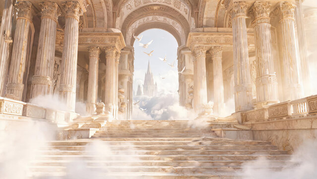 A grand ornate marble palace staircase leads upward, framed by classical columns and arches, with doves flying toward a distant spired city above clouds and mist.
