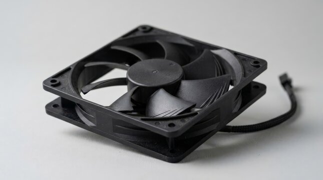 A close-up photograph of a black server cooling fan resting on a neutral light gray surface, featuring detailed blades and an attached braided power cable with a connector