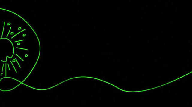 kiwi fruit slice diet concept fresh fruit One line continuous drawing animation. animated hand- drawn banner lineart illustration design. isolated sign symbol monoline video green outline on black bg