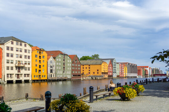 Historic wharf buildings along Nidelva river in Trondheim, Norway