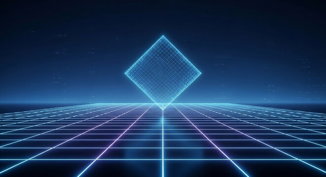 Futuristic neon grid landscape featuring a glowing diamond rhombus hovering above the digital horizon showcasing retro wave style aesthetics for virtual reality computing concepts