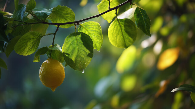 Fresh yellow lemon on a tree with dew drops on green leaves