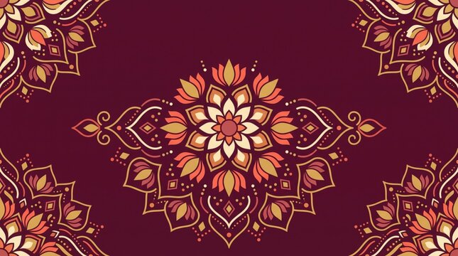 An intricate and ornate diwali inspired pattern featuring symmetrical designs and warm festive colors