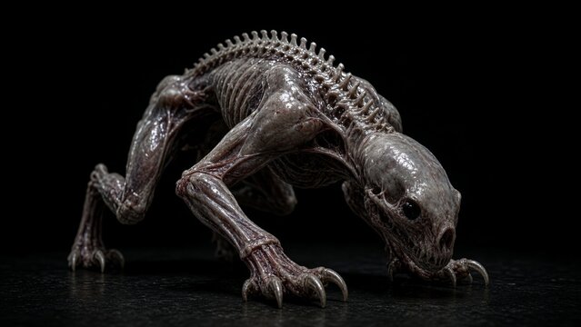 Alien skeleton monster creature with sharp claws crouching in dark background for halloween season event