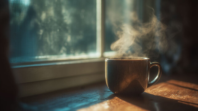 Cozy mug of hot drink with rising steam near a window on a cold day