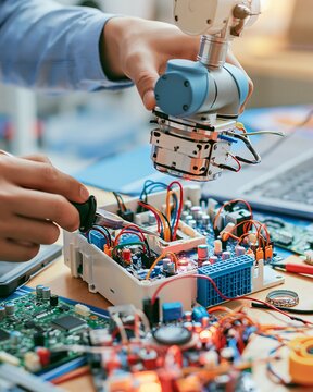 Close up of engineer soldering circuit board with robotic arm in a tech lab
