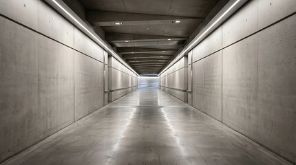 Obraz premium Concrete tunnel with overhead lighting and illuminated floor leading to bright exit