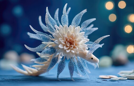 Ornate, light-blue creature, flower-like head