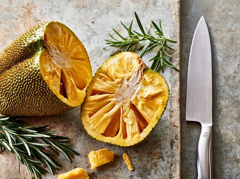 Sliced ripe jackfruit with chef knife and rosemary herbs on a rustic table
