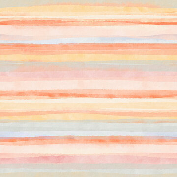 Watercolor seamless pattern with abstract horizontal stripes on paper texture, colorful print for home textile, silk, cotton, perfect summer fabric or repeat background. Handmade design illustration