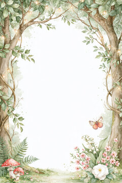 Enchanted forest border woodland frame fairy tale tree floral edge fantasy nature magic light butterfly mushroom vine pastel color