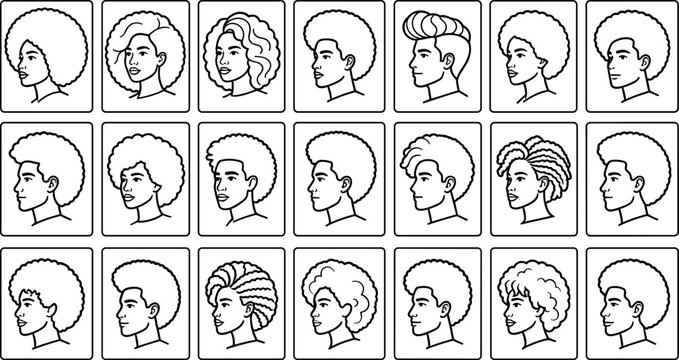 Afro Hairstyle Vector Line Art Icon Set featuring Curly Hair Texture Profiles and Diverse Black People Face Avatars Designs