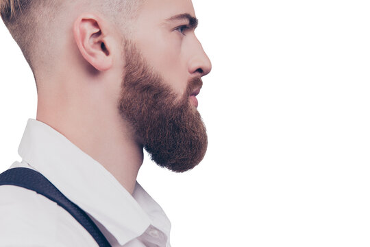 Skin skincare shave irritation concept. Cropped close up half-faced photo of heavy long red beard guy serious thinking pensive serious concentrated planning dreamy manager isolated on gray background